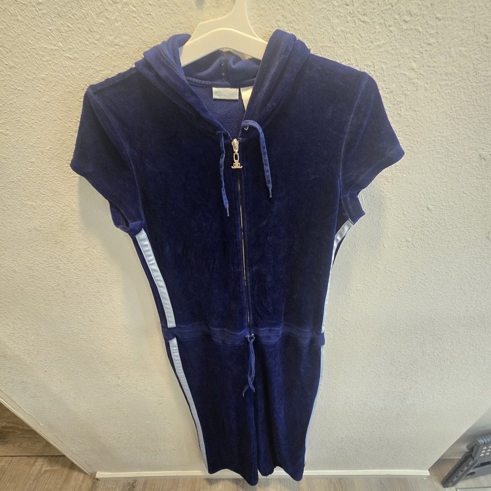JLO Jennifer Lopez Velour Jumpsuit XL Blue Y2K McBling Tracksuit One Piece Hoodi